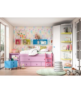 Cama compacta infantil con armario esquinero y escritorio Ros 20